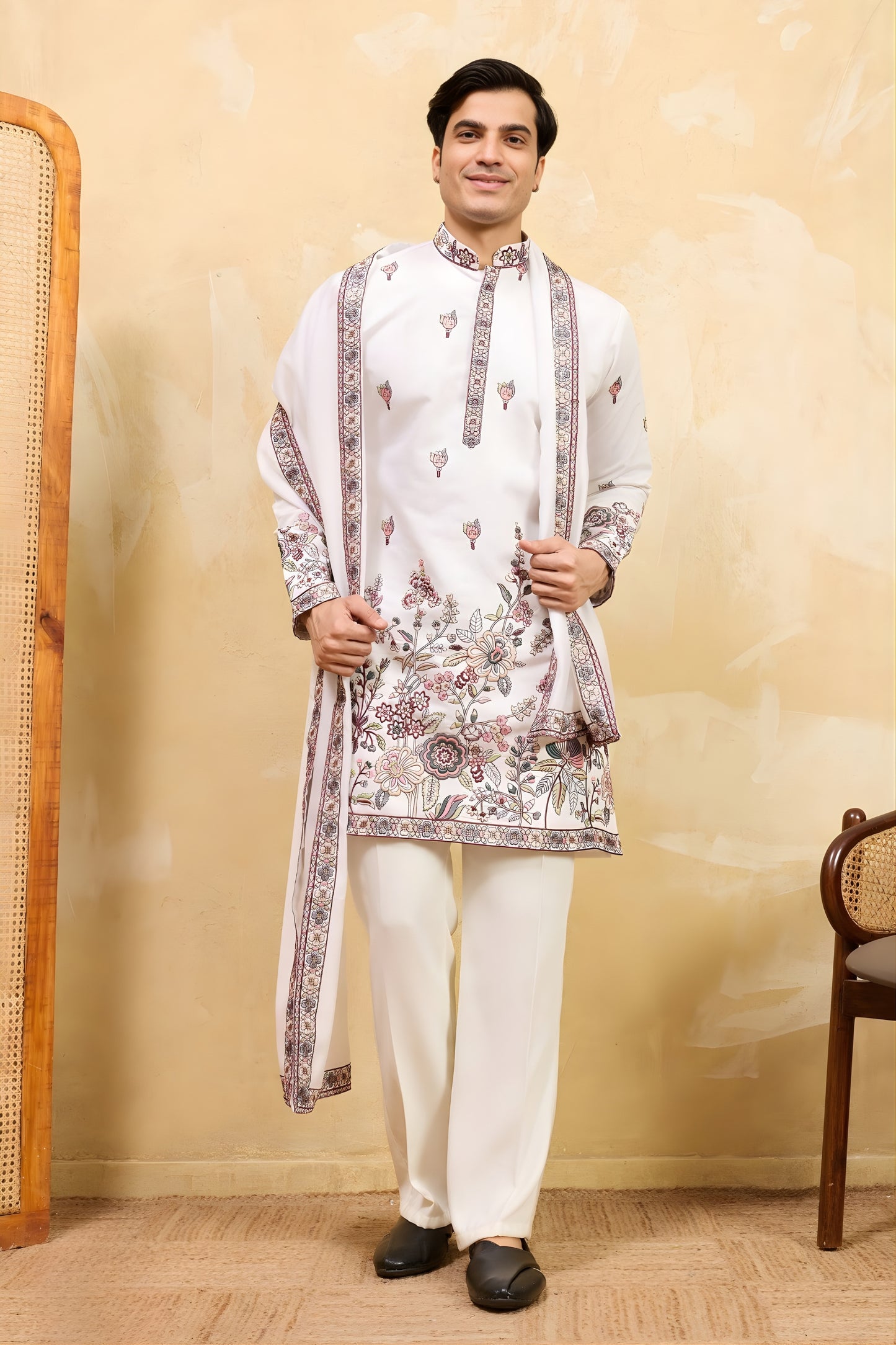 Elegant Off-White Viscose Silk Embroidered Kurta Pyjama Set with Dupatta for Men