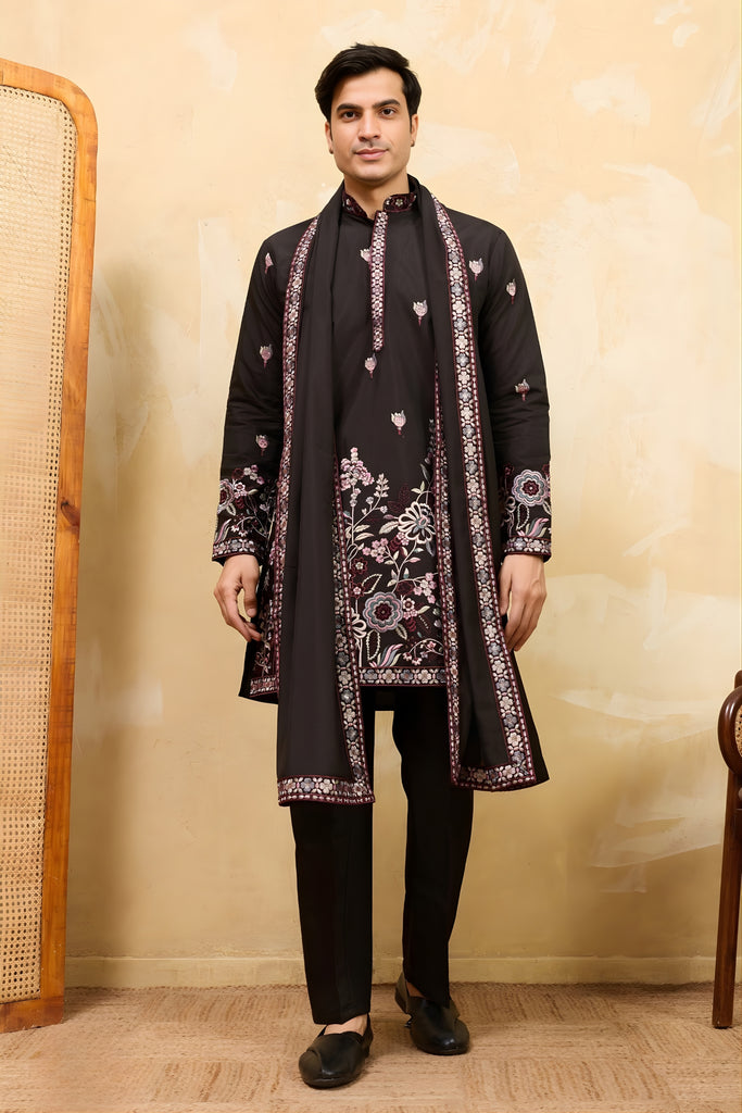 Trendy Black Viscose Silk Embroidered Kurta Pyjama Set with Dupatta for Men
