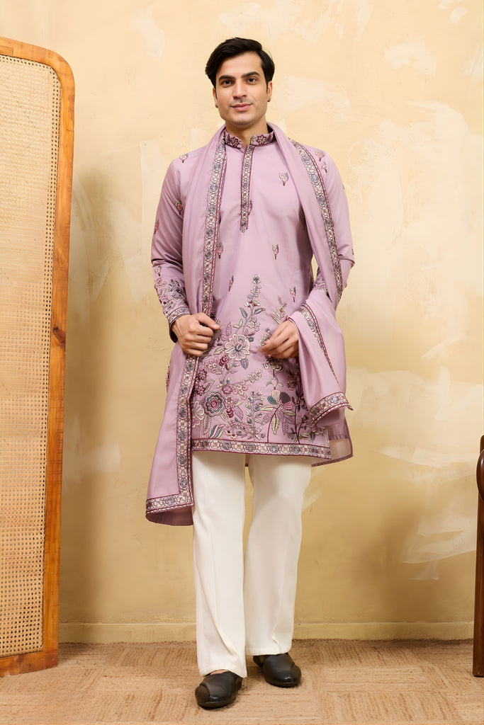 Stunning Mauve Pink Viscose Silk Embroidered Kurta Pyjama Set with Dupatta for Men