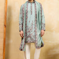 Stylish Sea Green Viscose Silk Embroidered Kurta Pajama Set with Dupatta for Men
