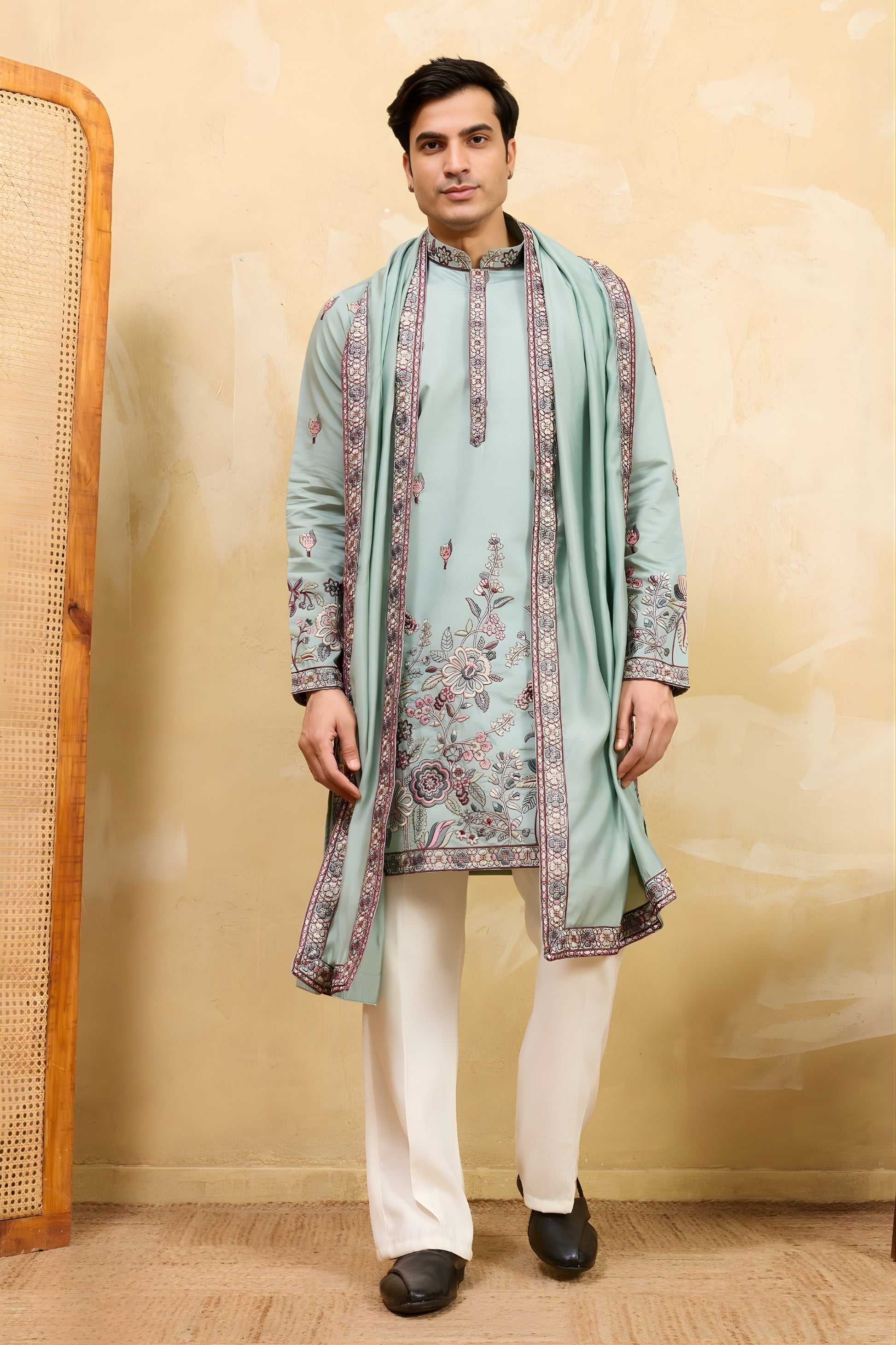 Stylish Sea Green Viscose Silk Embroidered Kurta Pajama Set with Dupatta for Men