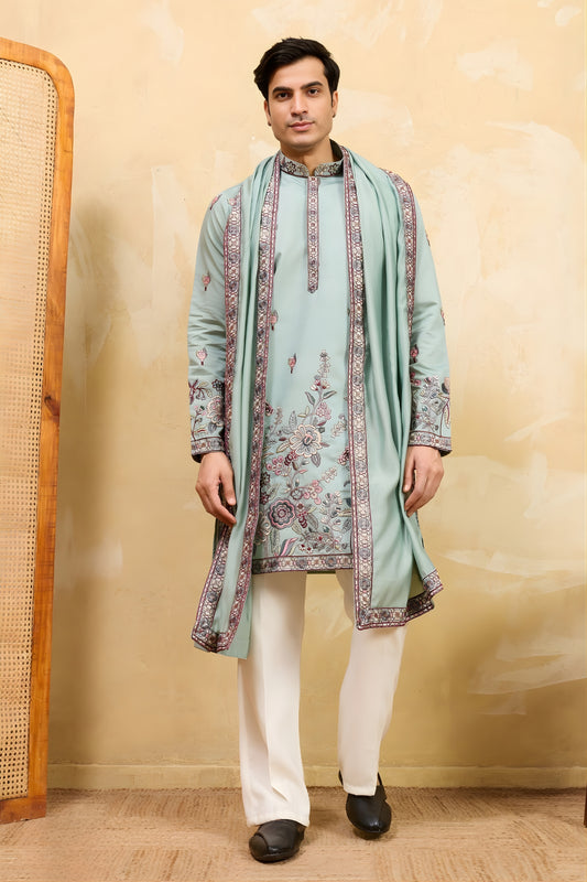 Stylish Sea Green Viscose Silk Embroidered Kurta Pajama Set with Dupatta for Men