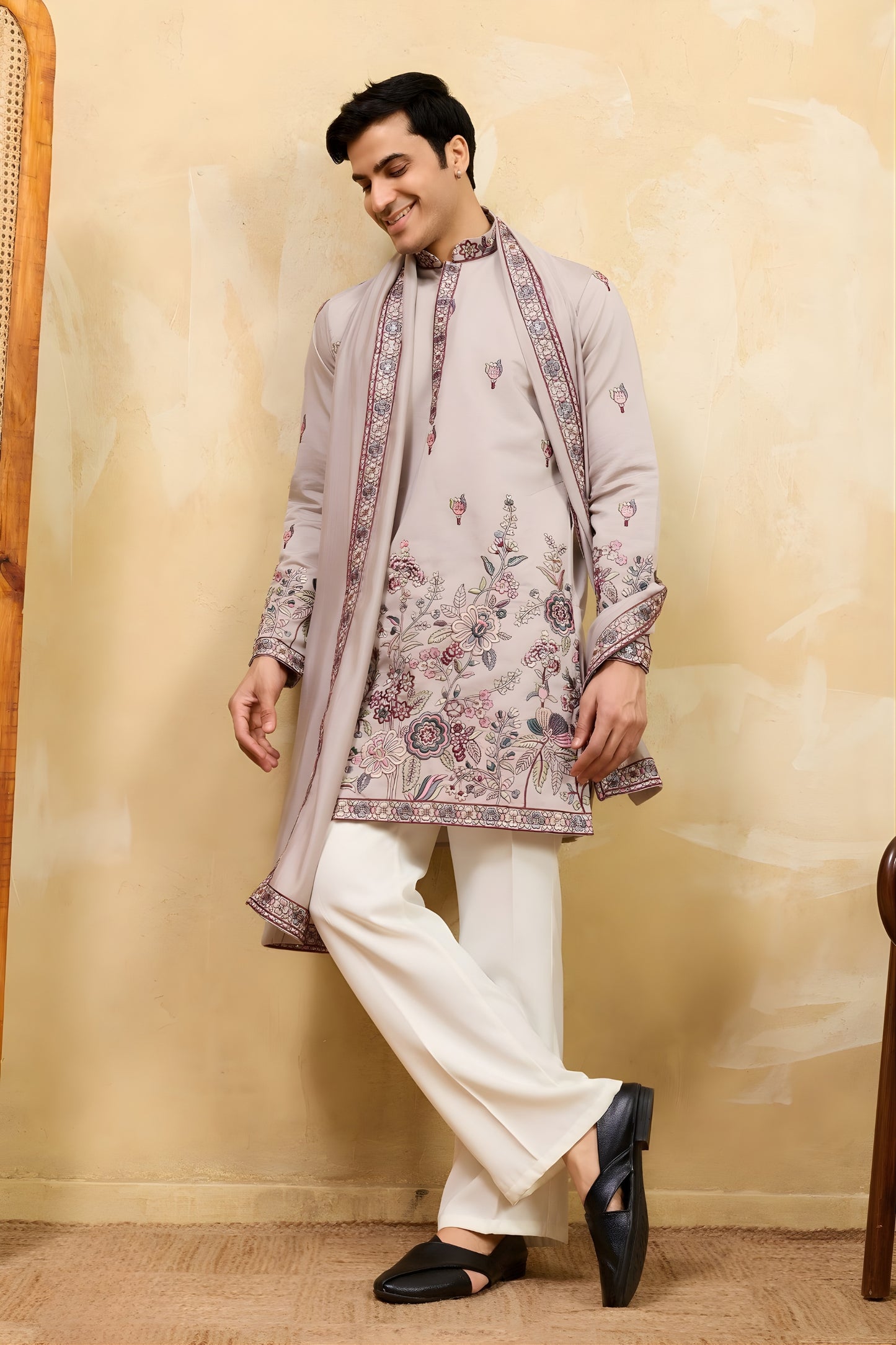 Handsome Beige Viscose Silk Embroidered Kurta Pyjama Set with Dupatta for Men