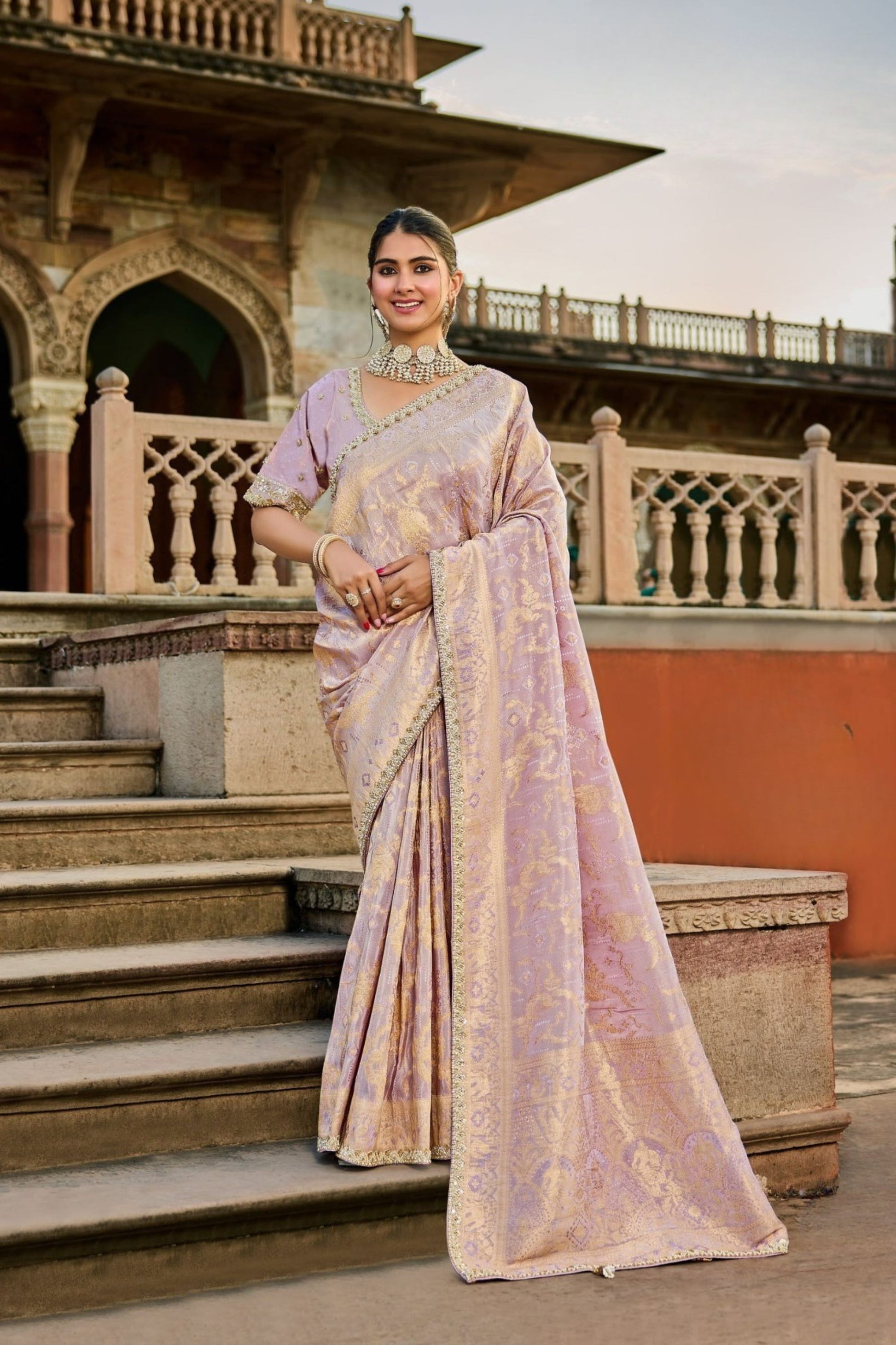 Pastel Lavender Banarasi Silk Saree Embroidered Blouse