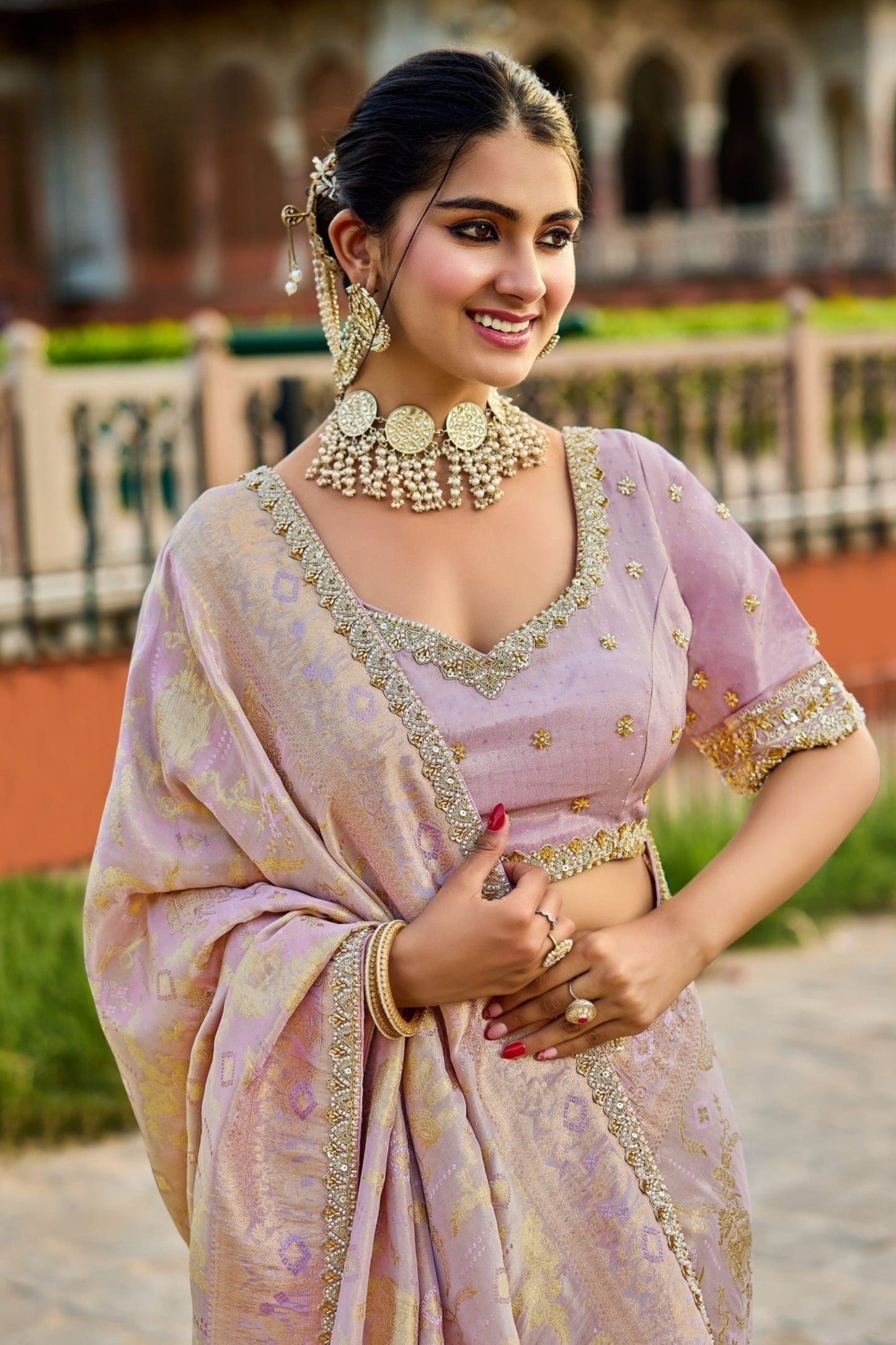 Pastel Lavender Banarasi Silk Saree Embroidered Blouse