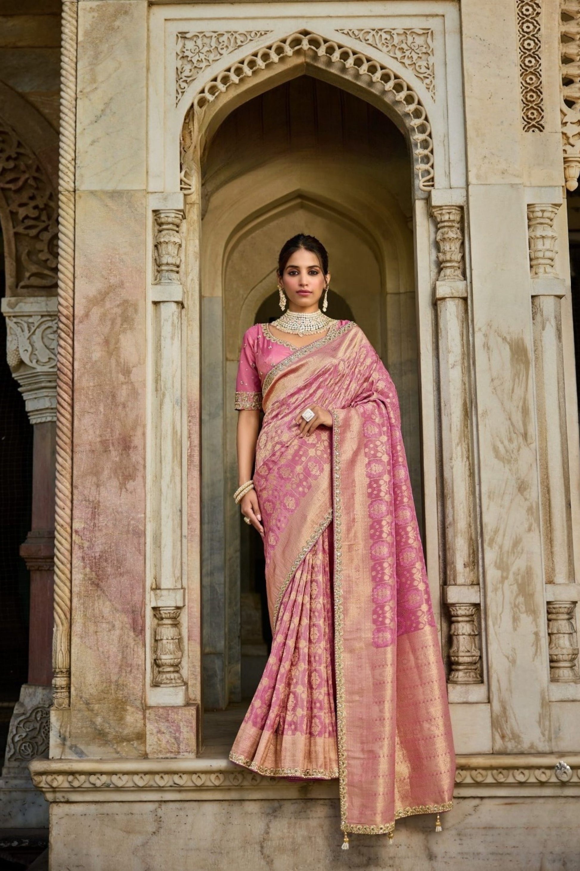 Elegant Pink Banarasi Silk Saree Designer Blouse Festive Wear
