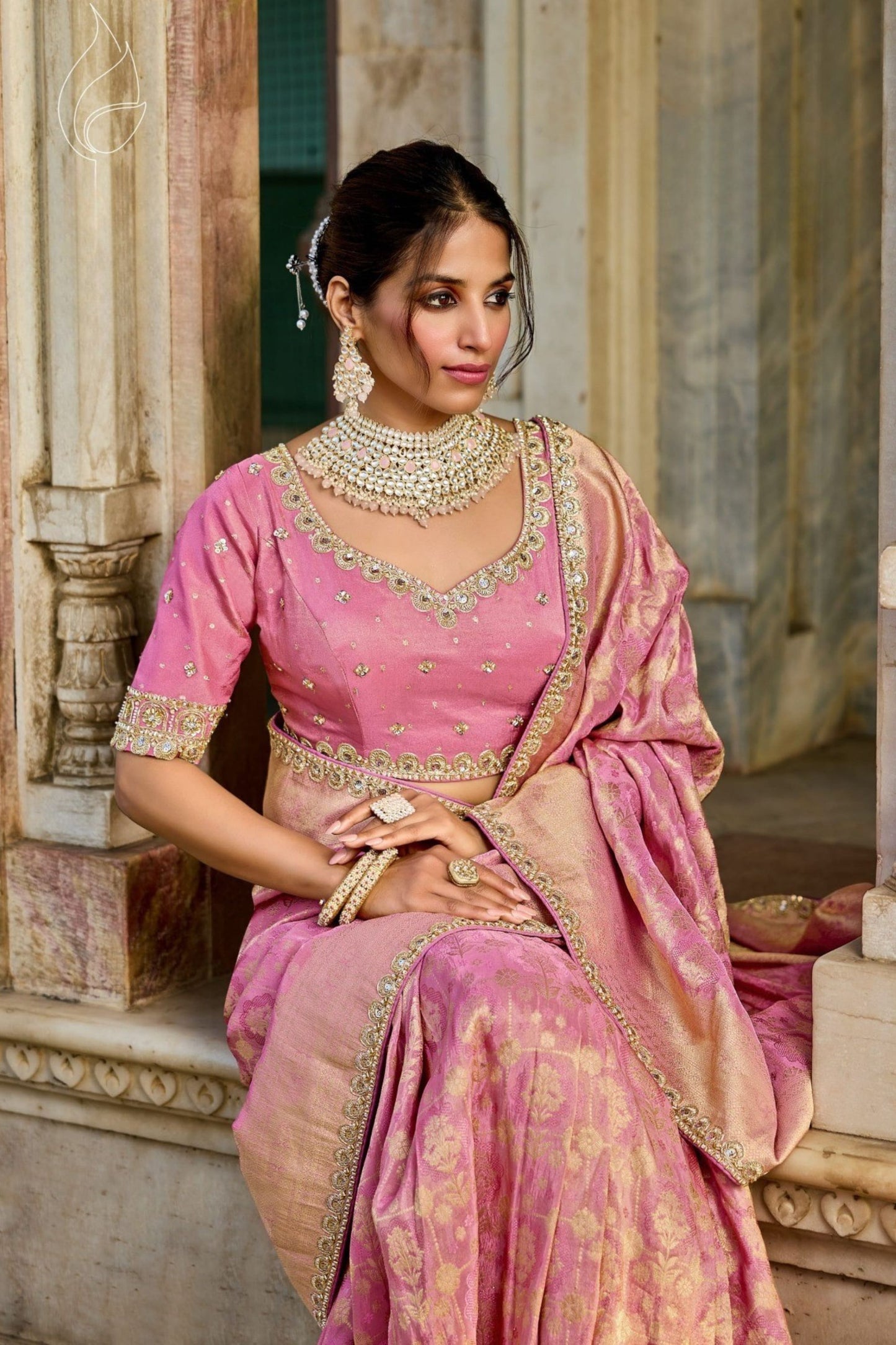 Elegant Pink Banarasi Silk Saree Designer Blouse Festive Wear