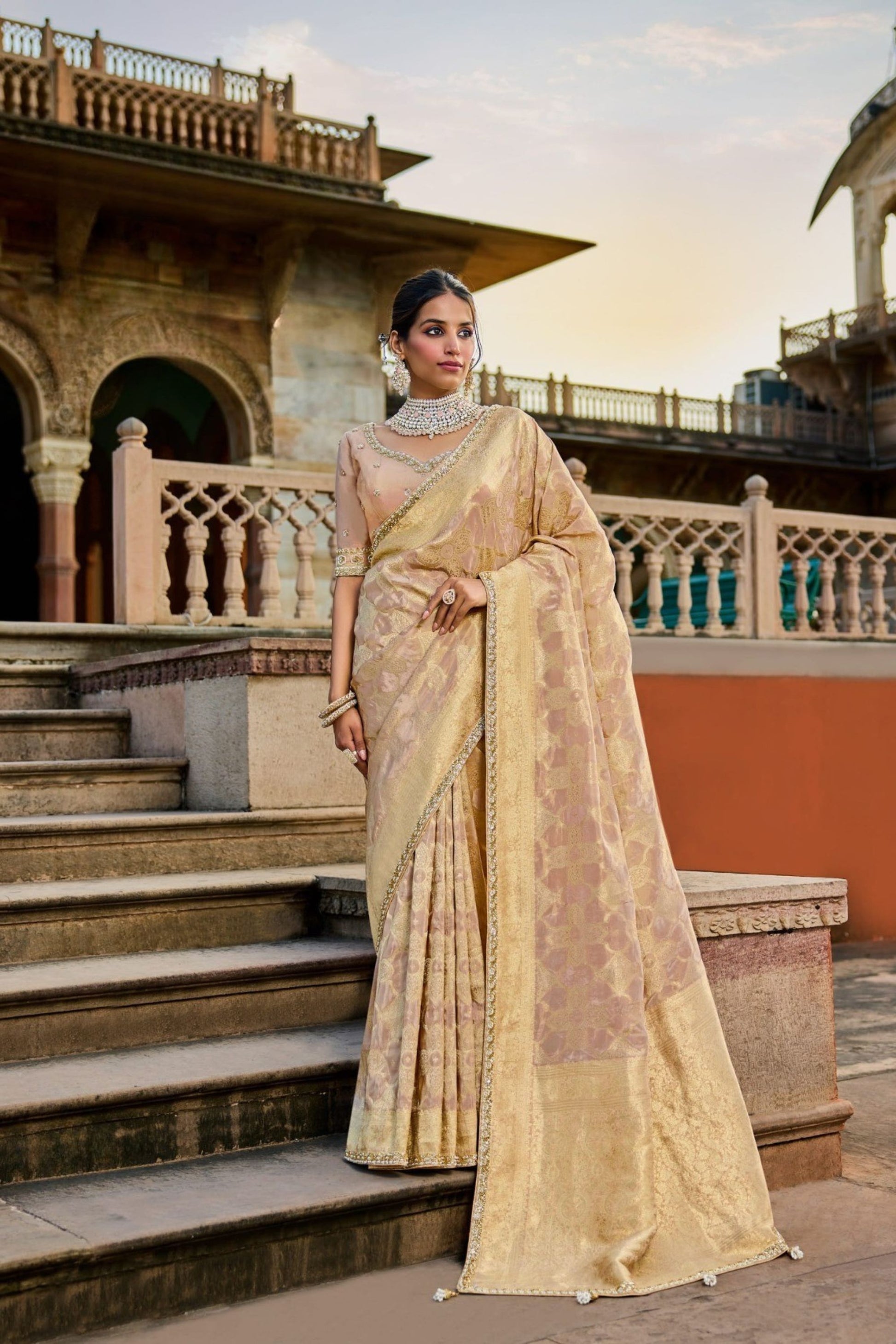 Designer Golden Banarasi Silk Saree Matching Blouse