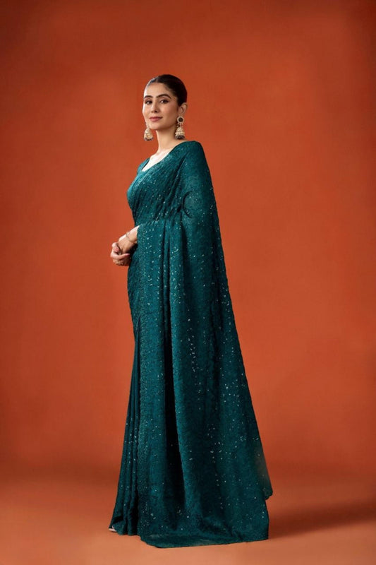 Teal Green Sequin Embroidered Saree with Blouse Party Wear Saree