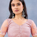 Dusty Pink Floral Embroidered Net Saree with Designer Border