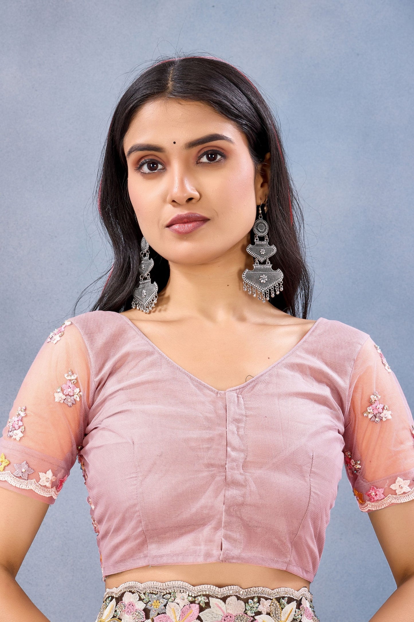 Dusty Pink Floral Embroidered Net Saree with Designer Border