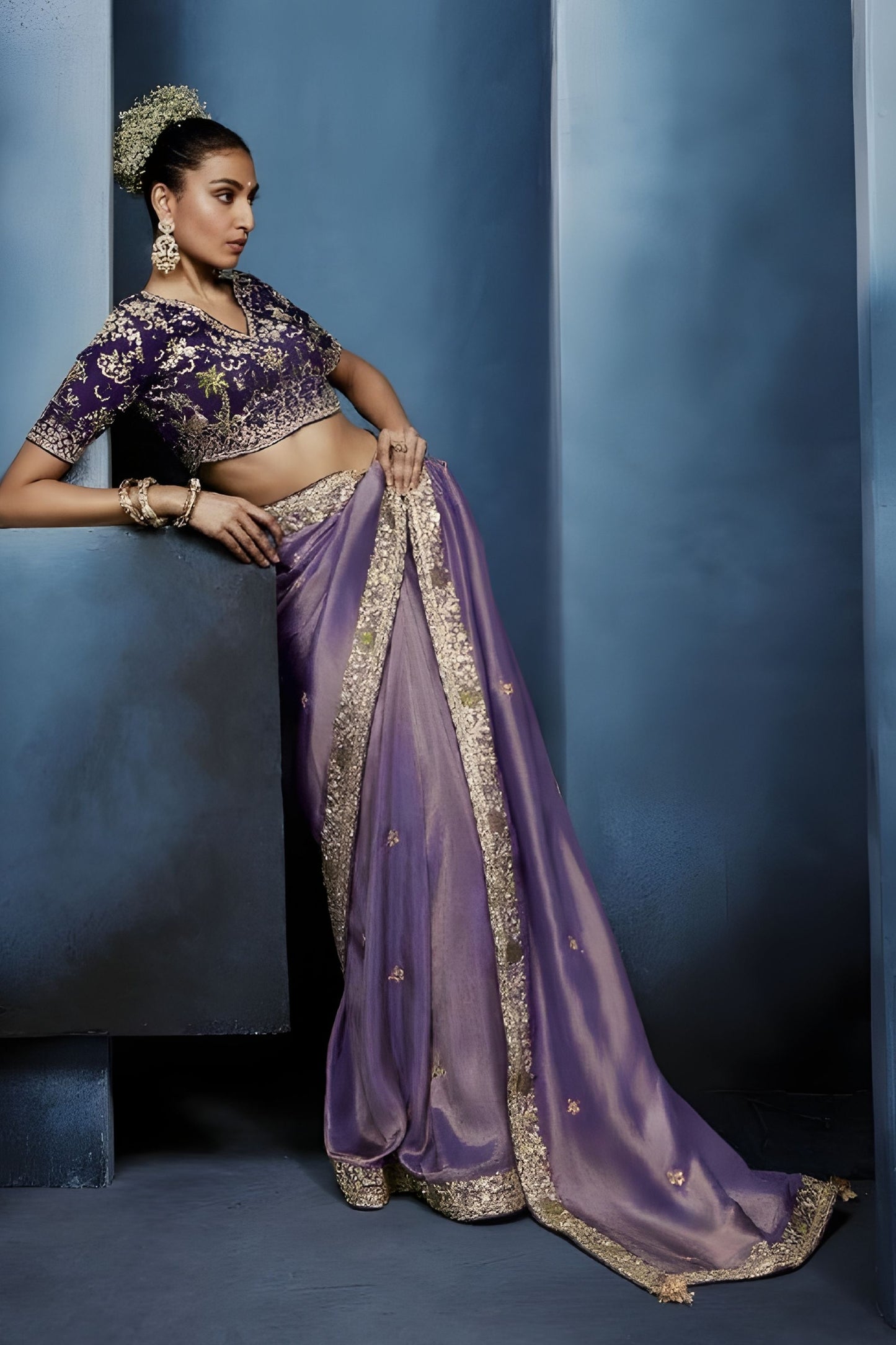 Lavender Purple Embroidered Designer Saree Heavy Border