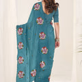 Teal Green Organza Saree with Floral Embroidery Designer Blouse