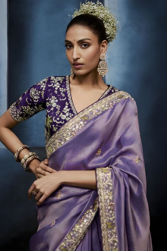 Lavender Purple Embroidered Designer Saree Heavy Border