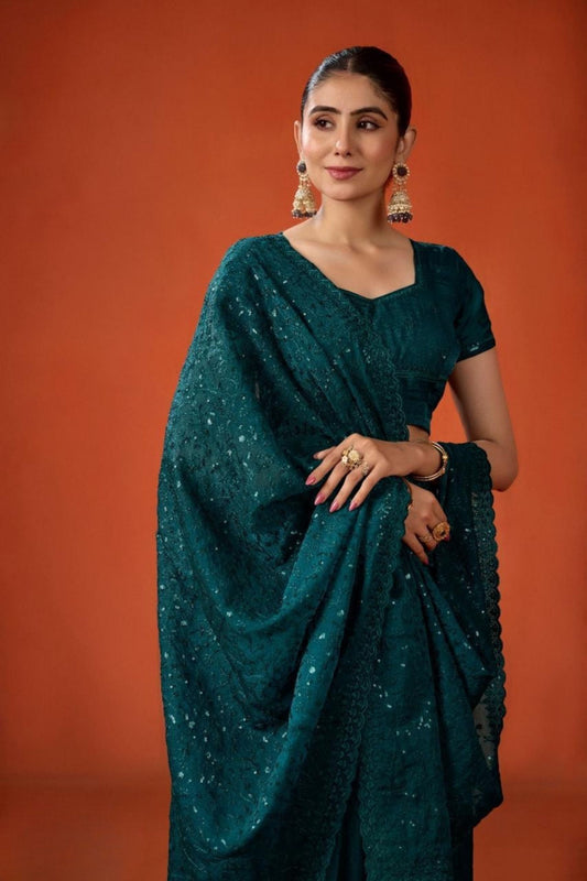 Teal Green Sequin Embroidered Saree with Blouse Party Wear Saree