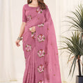 Dusty Rose Pink Organza Saree Floral Embroidery Designer Blouse