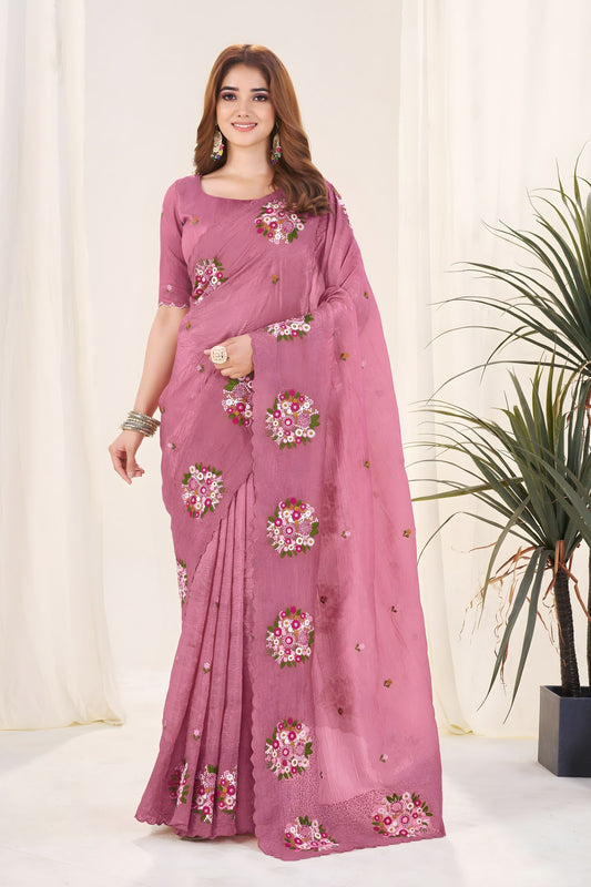 Dusty Rose Pink Organza Saree Floral Embroidery Designer Blouse