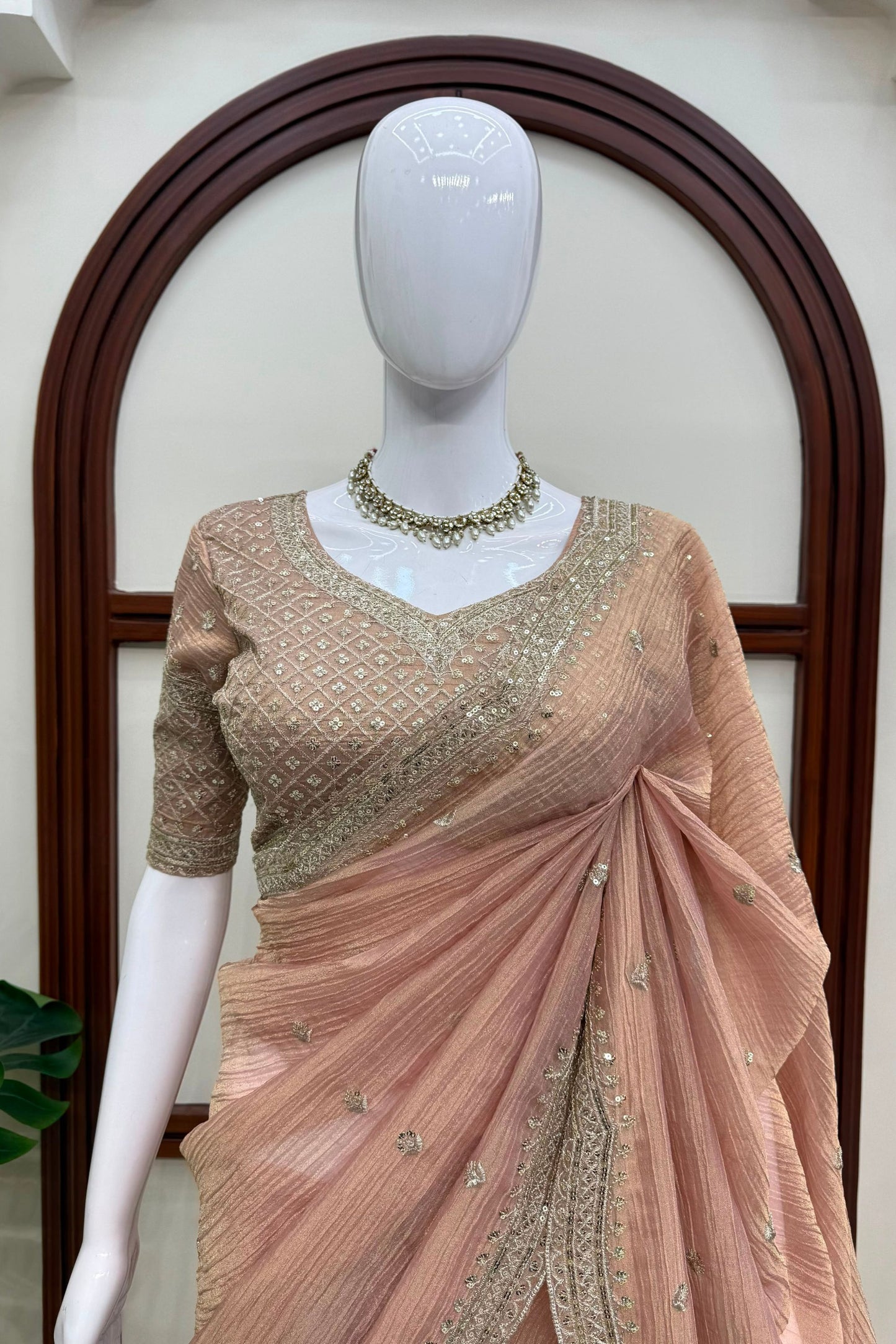 Beautiful Pink Tissue Salsa Crush Saree Thread Sequin Work for Women