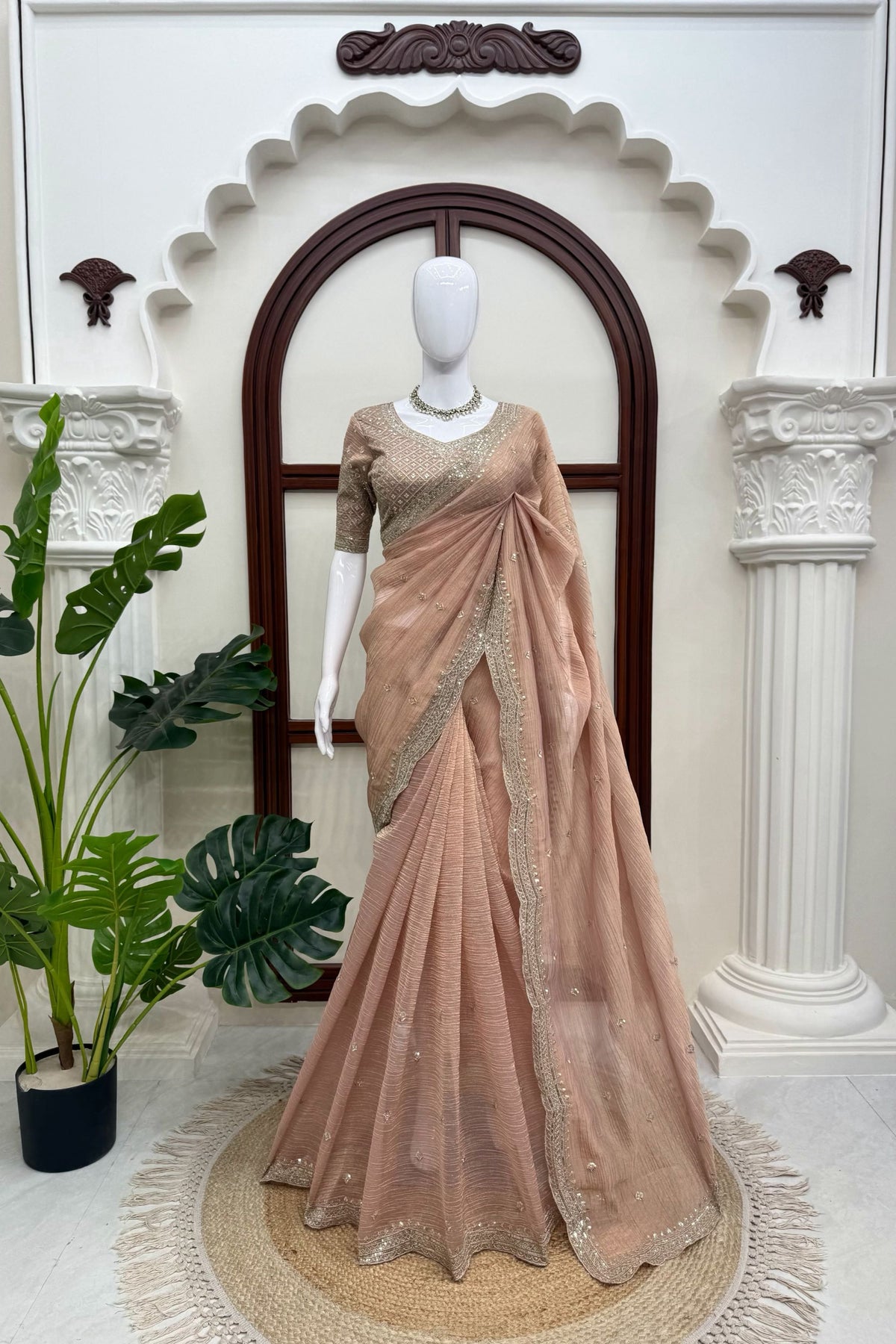 Beautiful Pink Tissue Salsa Crush Saree Thread Sequin Work for Women