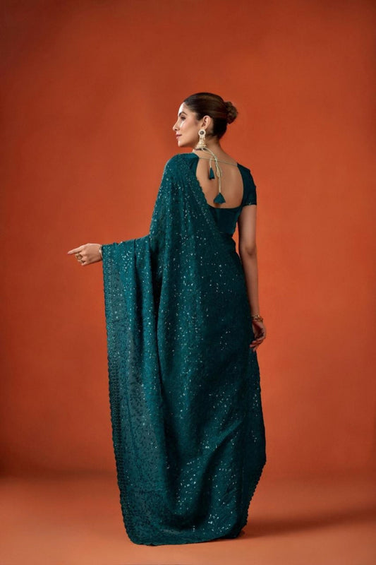 Teal Green Sequin Embroidered Saree with Blouse Party Wear Saree
