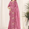 Dusty Rose Pink Organza Saree Floral Embroidery Designer Blouse