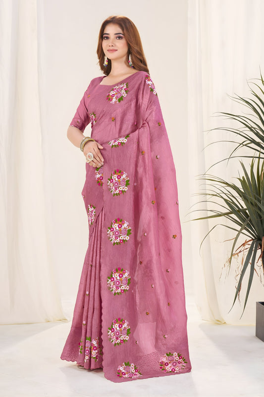 Dusty Rose Pink Organza Saree Floral Embroidery Designer Blouse