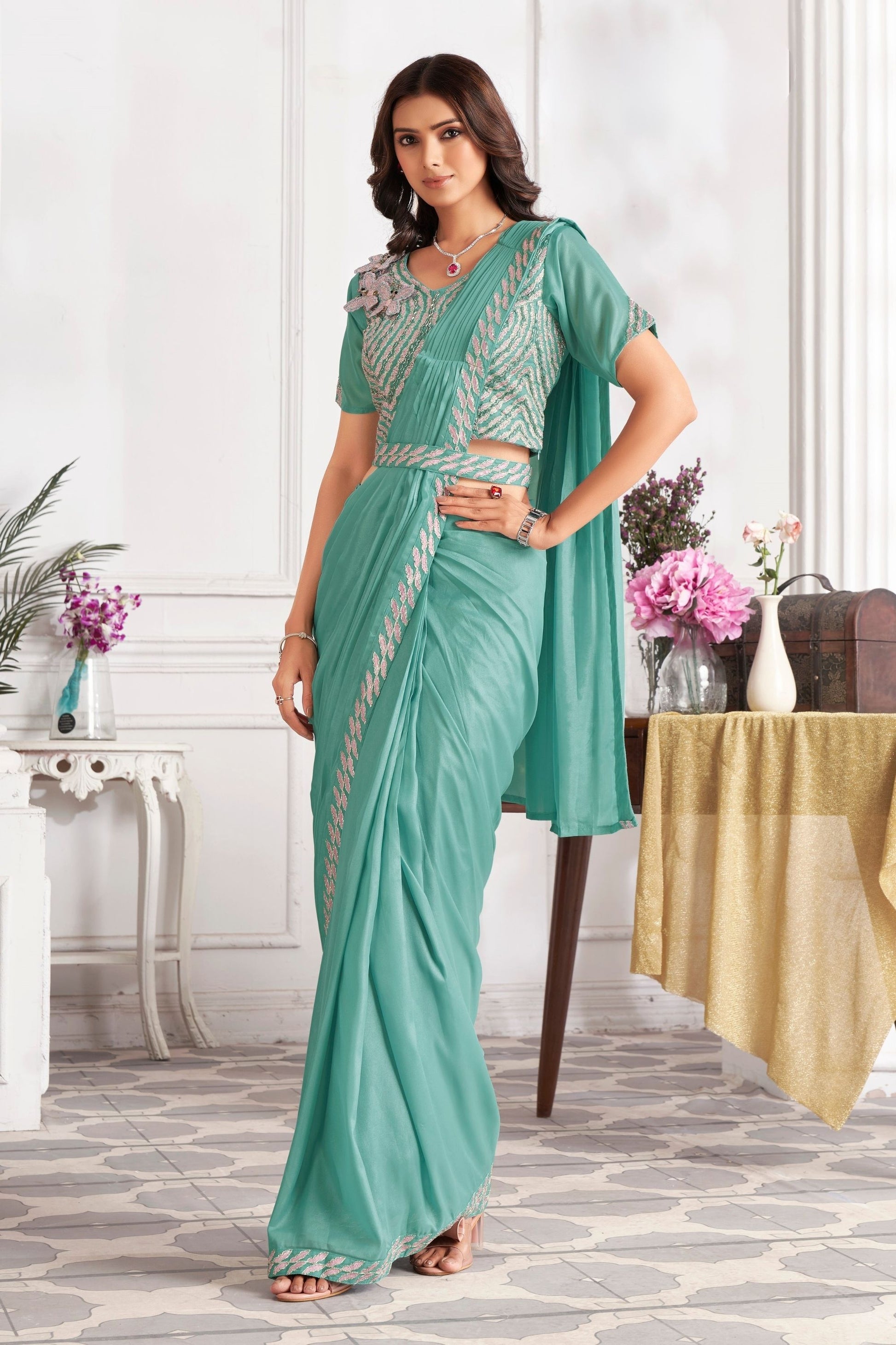 Elegant Sea Green Designer Saree with Embroidered Blouse