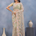 Sage Green Floral Embroidered Net Saree with Designer Border