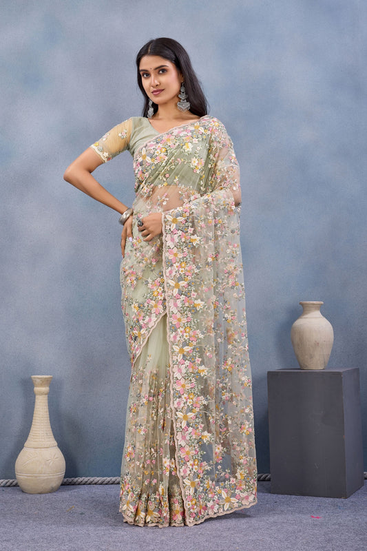 Sage Green Floral Embroidered Net Saree with Designer Border