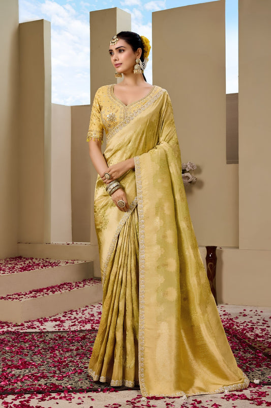 Elegant Mustard Yellow Premium Tissue Silk Heavy Beads Work for Women