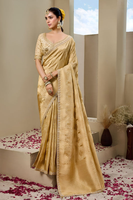 Graceful Golden Premium Tissue Silk Heavy Beads Work Saree for Women