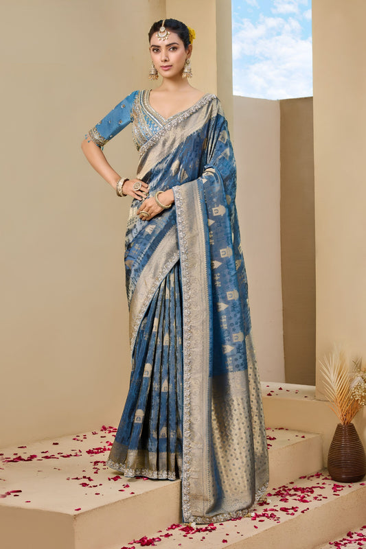 Royal Blue Premium Tissue Silk Heavy Beads Work Saree for Women