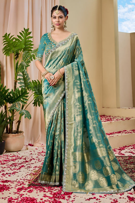 Grateful Teal Green Premium Tissue Silk Heavy Beads Work Saree for Women