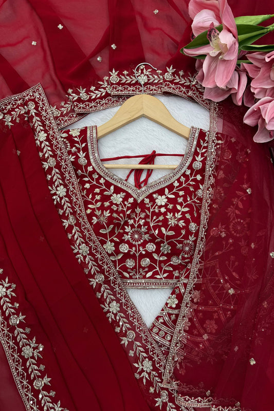 Elegant Red Net Saree with Thread Sequin Work for Women