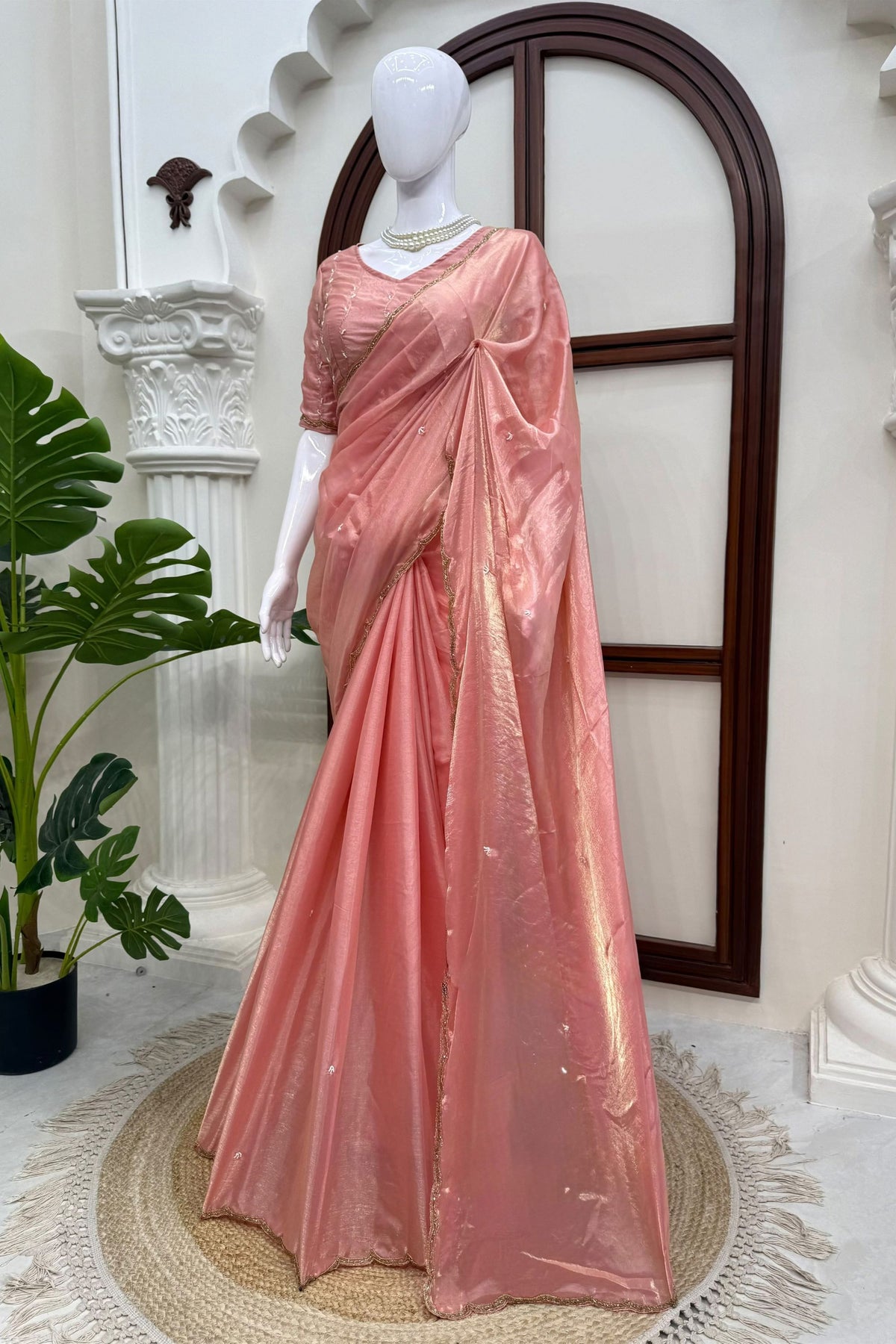 Elegant Peach Pink Fendy Silk Heavy Hand Work Saree for Women