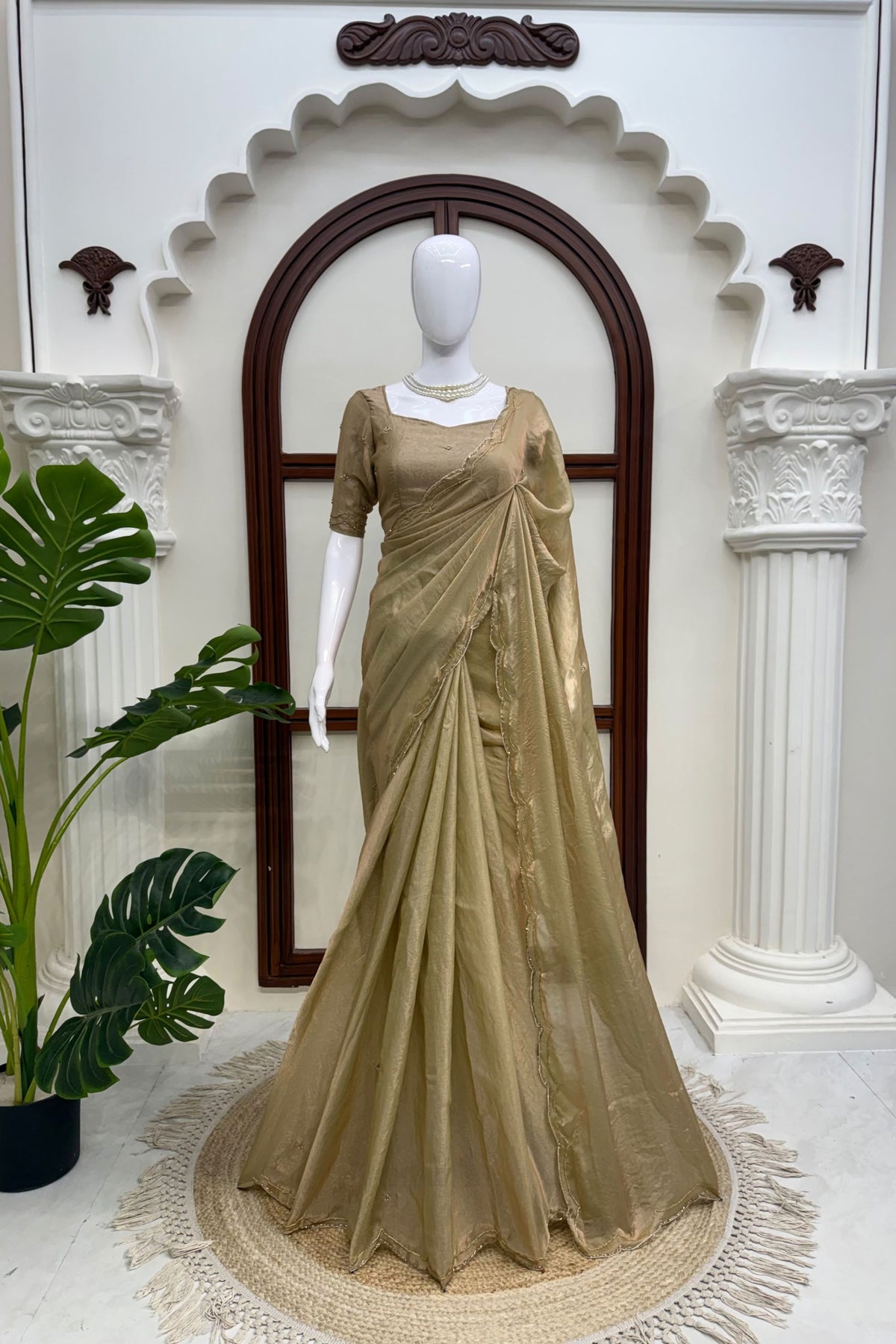 Lovely Beige Fendy Silk Heavy Hand Work Saree for Women