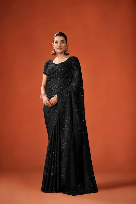 Black Sequin Embroidered Saree with Blouse Party Wear Saree