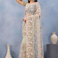Sage Green Floral Embroidered Net Saree with Designer Border