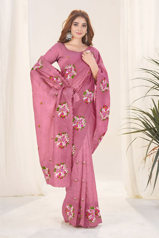 Dusty Rose Pink Organza Saree Floral Embroidery Designer Blouse