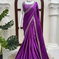 Royal Purple Heavy Japan Satin Silk Saree Thread and Sequin for Women
