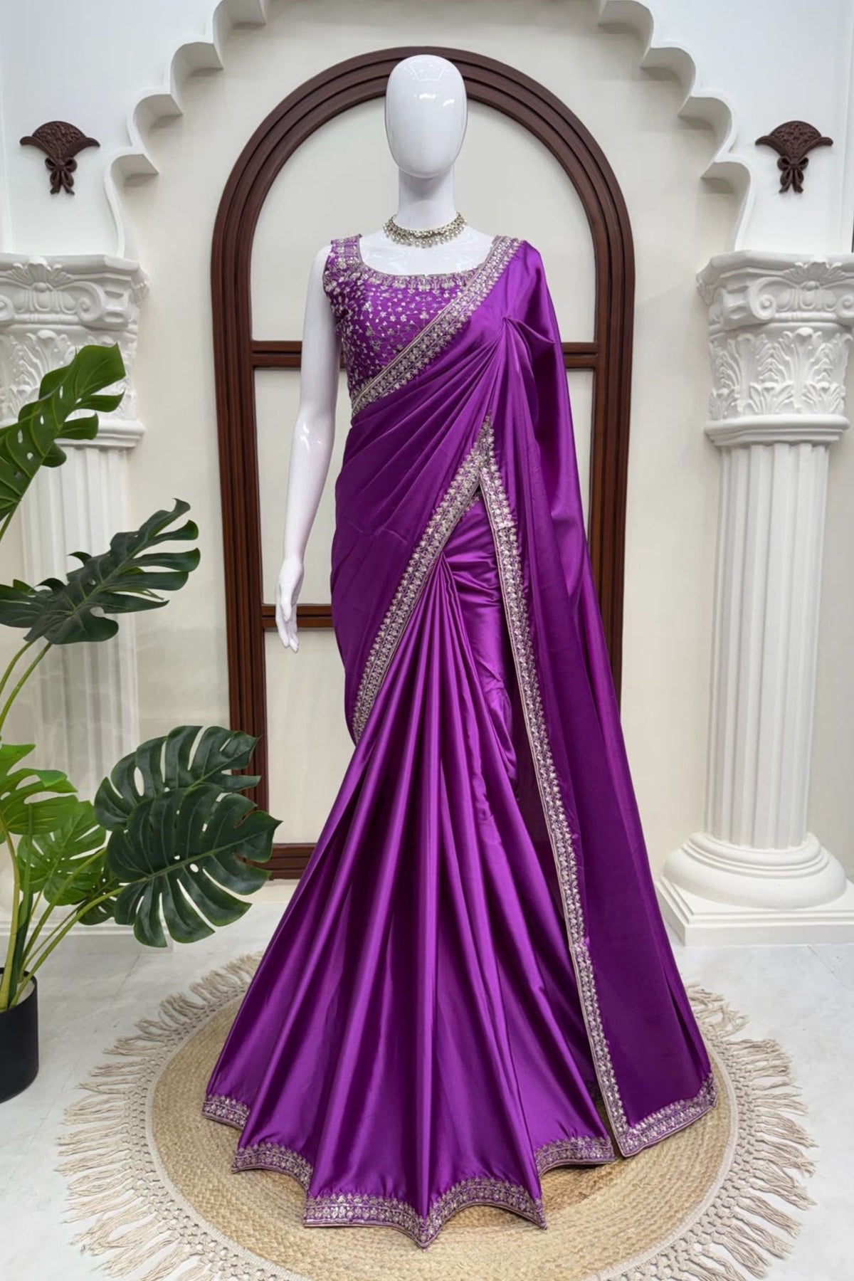 Royal Purple Heavy Japan Satin Silk Saree Thread and Sequin for Women