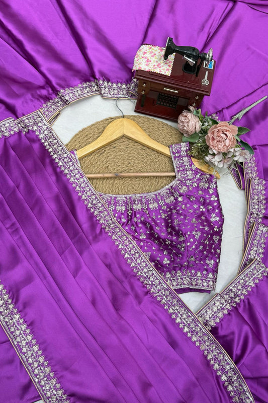 Royal Purple Heavy Japan Satin Silk Saree Thread and Sequin for Women