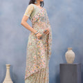 Sage Green Floral Embroidered Net Saree with Designer Border