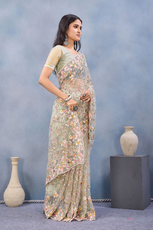 Sage Green Floral Embroidered Net Saree with Designer Border