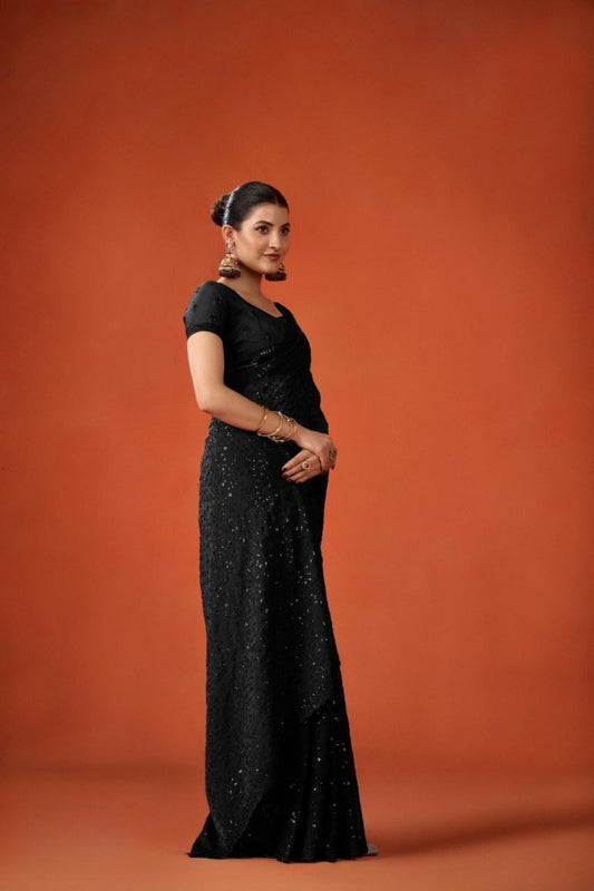 Black Sequin Embroidered Saree with Blouse Party Wear Saree