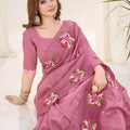 Dusty Rose Pink Organza Saree Floral Embroidery Designer Blouse
