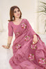 Dusty Rose Pink Organza Saree Floral Embroidery Designer Blouse