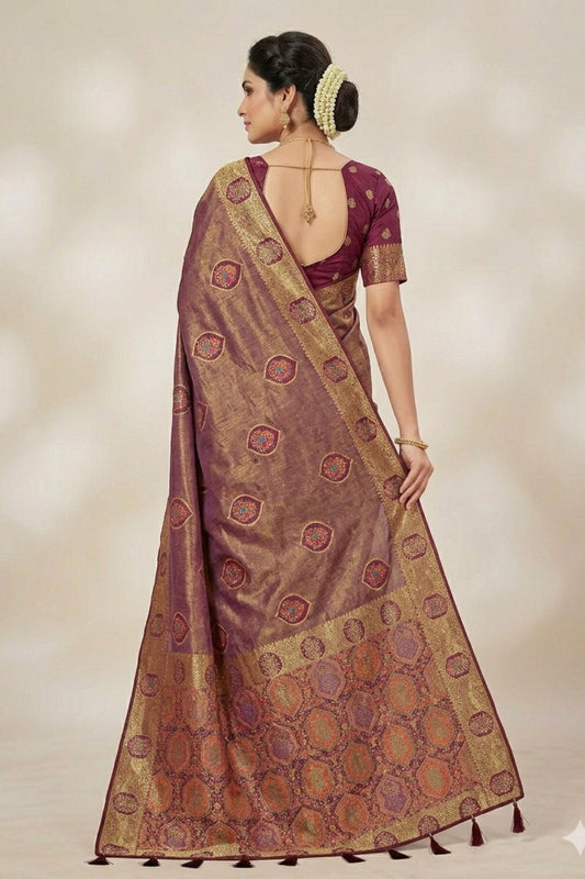 Luxury Wine Soft Nylon Tissue Jacquard Saree Tassels for Women