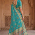 Royal Aqua Blue Soft Nylon Tissue Jacquard Saree Tassels for Women