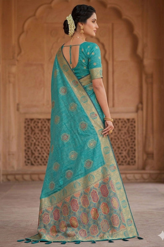 Royal Aqua Blue Soft Nylon Tissue Jacquard Saree Tassels for Women